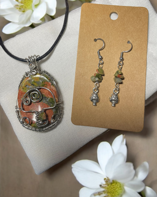Unakite Mushroom Pendant + Earring Set | R.C. Designs