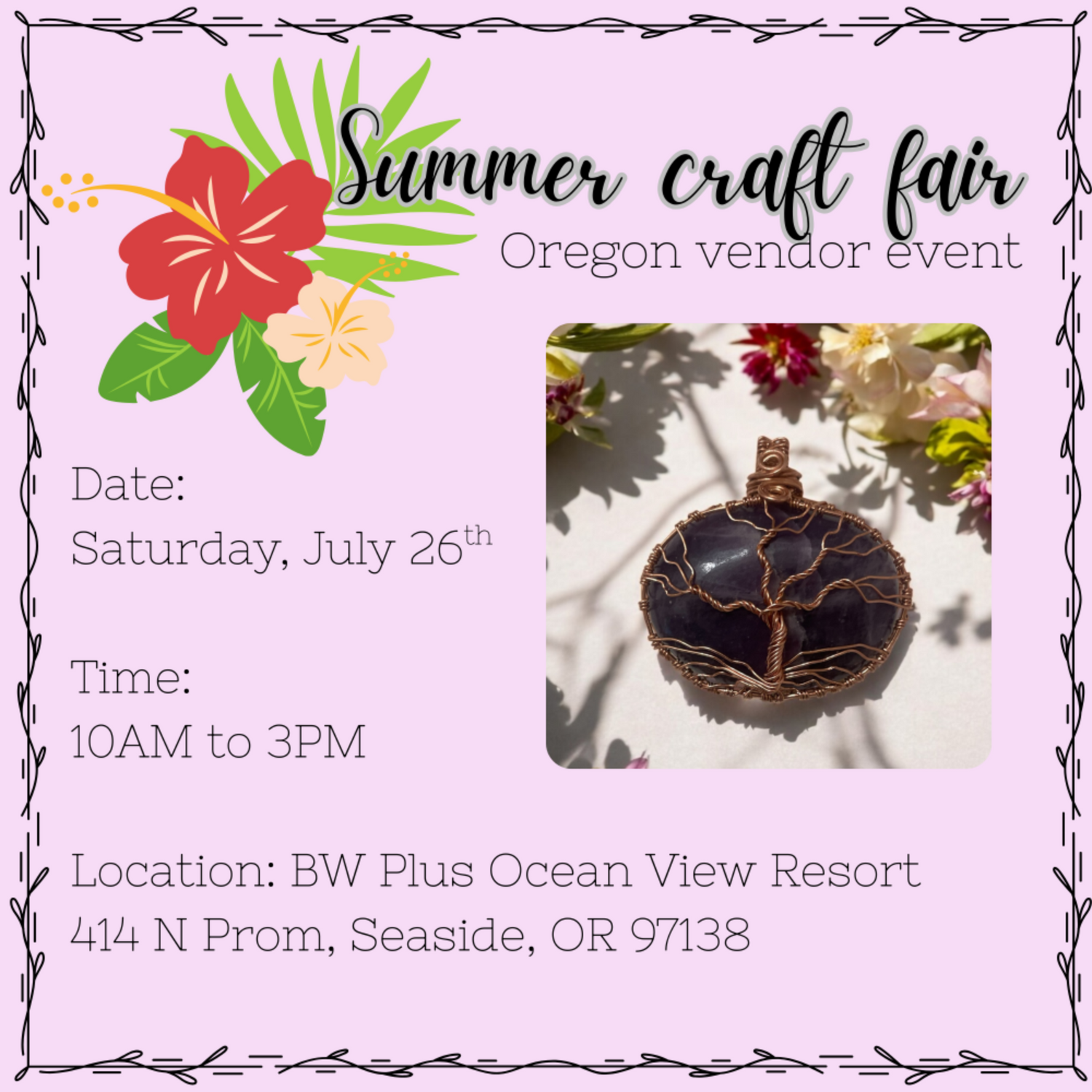 Summer craft fair flyer with jewelry image and event details