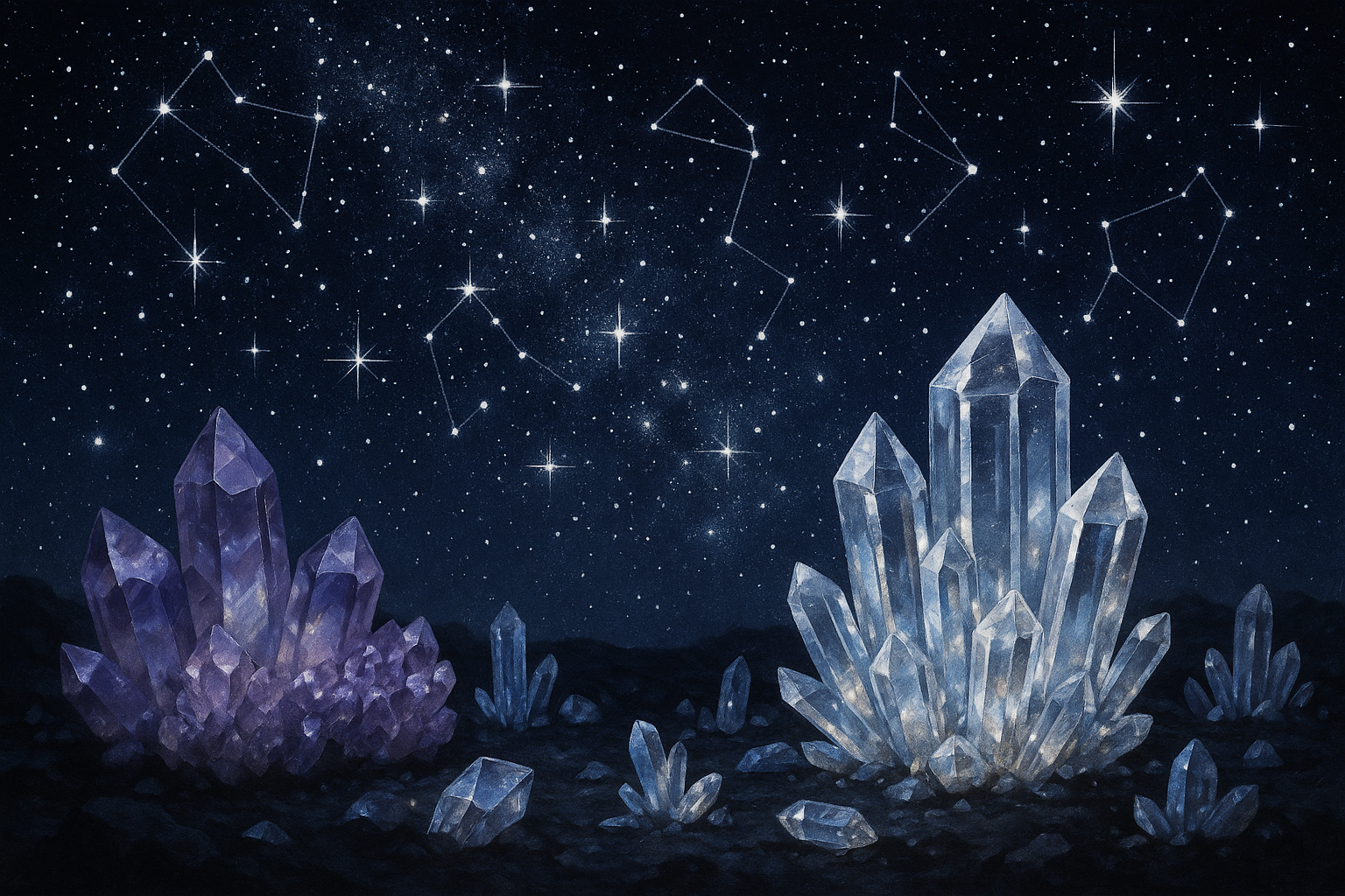 night sky with stars and realistic crystals